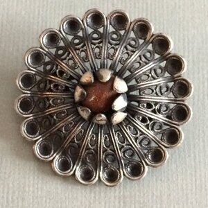 Vintage Goldstone Silvertone Metal Filigree Brooch Pin